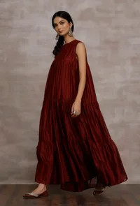 Insha Maroon Chanderi Tier Long Dress image 2