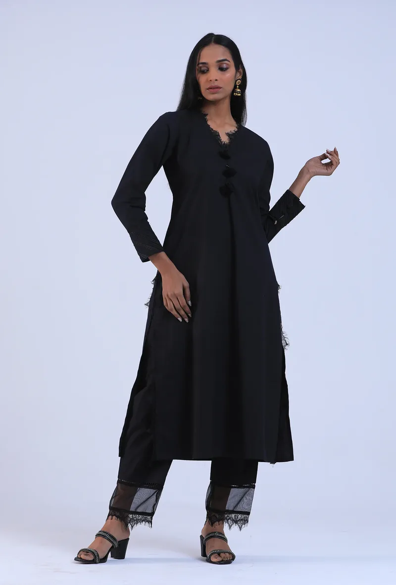 Set Of 2: Black Cotton Kurta & Pant Set