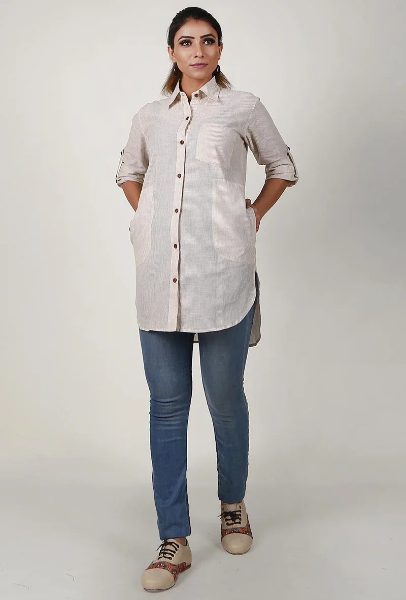 Off White Handloom Cotton Asymmetrical Shirt