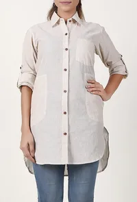 Off White Handloom Cotton Asymmetrical Shirt image 2