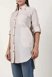Off White Handloom Cotton Asymmetrical Shirt image 3