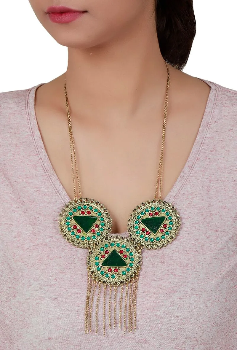 Round Pink-Green Afghan German Silver Necklace