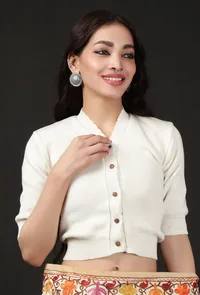 White Acrylic Cashmilon Knitted Crop Top Blouse image 1