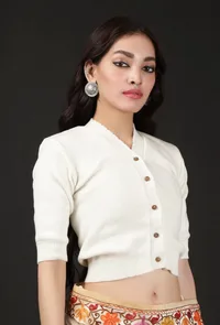 White Acrylic Cashmilon Knitted Crop Top Blouse image 2