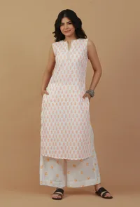 Set Of 2: White & Peach Handblock Printed Sleeveless Kurta with Palazzo image 1
