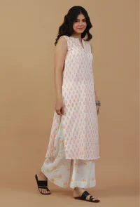 Set Of 2: White & Peach Handblock Printed Sleeveless Kurta with Palazzo image 2