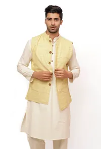 Beige Gold Matka Silk Nehru Jacket image 1