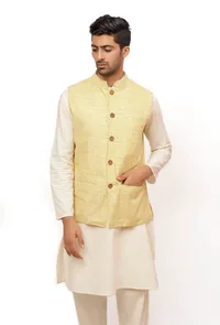 Beige Gold Matka Silk Nehru Jacket image 2