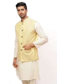 Beige Gold Matka Silk Nehru Jacket image 3