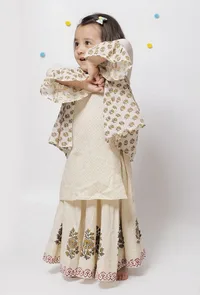 Set of 3 : Kiara Off White Kota Floral Handblock Printed Cape and Cotton Slip Kurta with Kalidaar Floral Handblock Print Elastic Skirt image 1