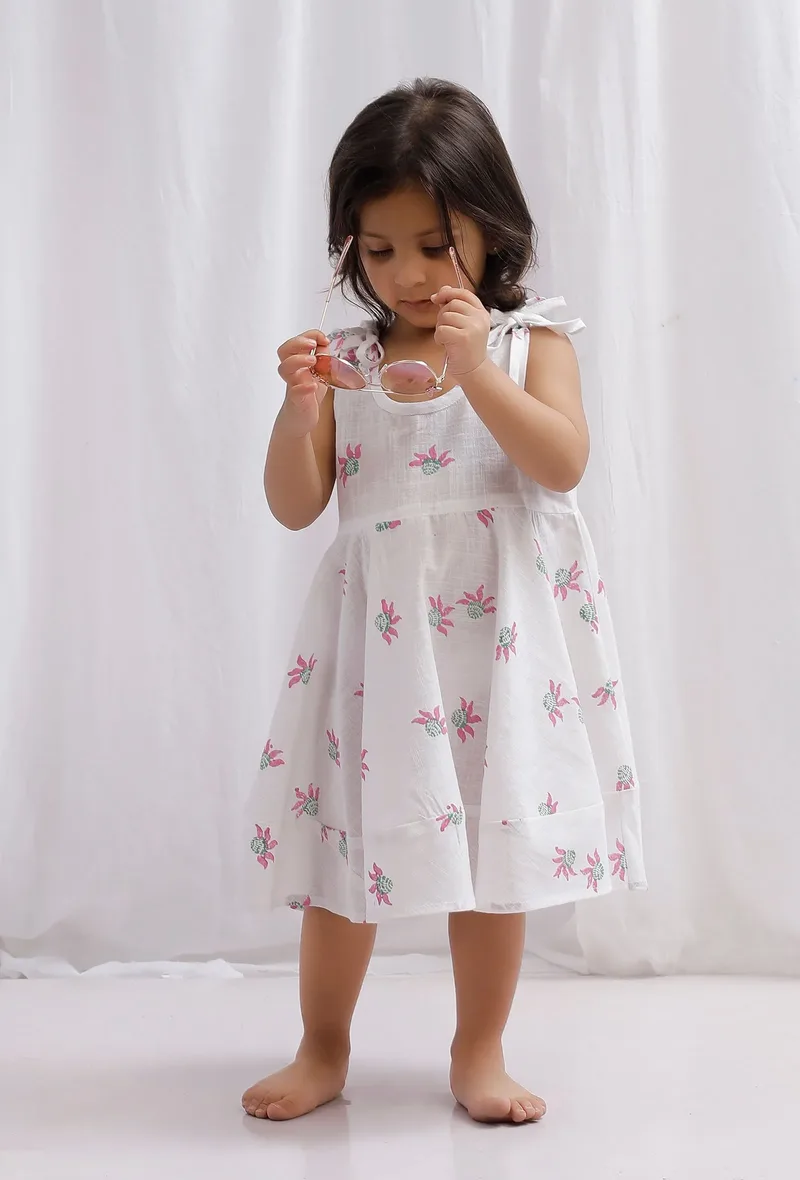 Pink and Green Block Printed Cotton Tie-up Flared Dress