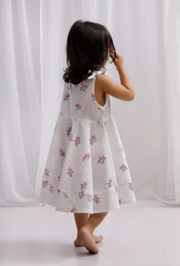 Pink and Green Block Printed Cotton Tie-up Flared Dress image 2