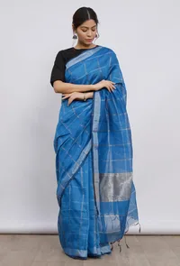 Sky blue Cott by zari check gamcha sari w/ blouse piece image 1