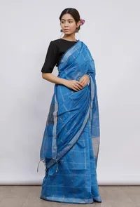 Sky blue Cott by zari check gamcha sari w/ blouse piece image 2
