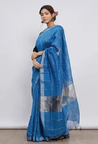 Sky blue Cott by zari check gamcha sari w/ blouse piece image 3