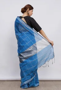 Sky blue Cott by zari check gamcha sari w/ blouse piece image 4