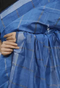 Sky blue Cott by zari check gamcha sari w/ blouse piece image 5