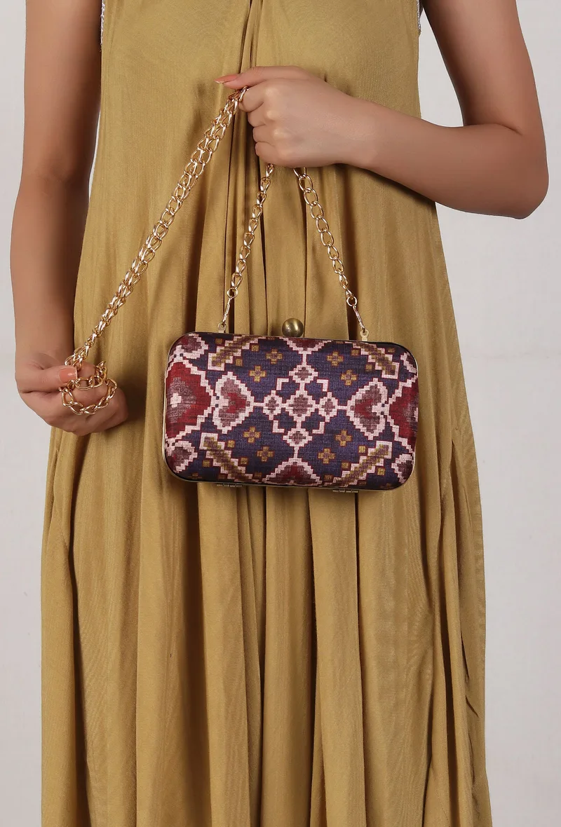 Aza Purple & Multi Patola Print Rectangular Box Clutch