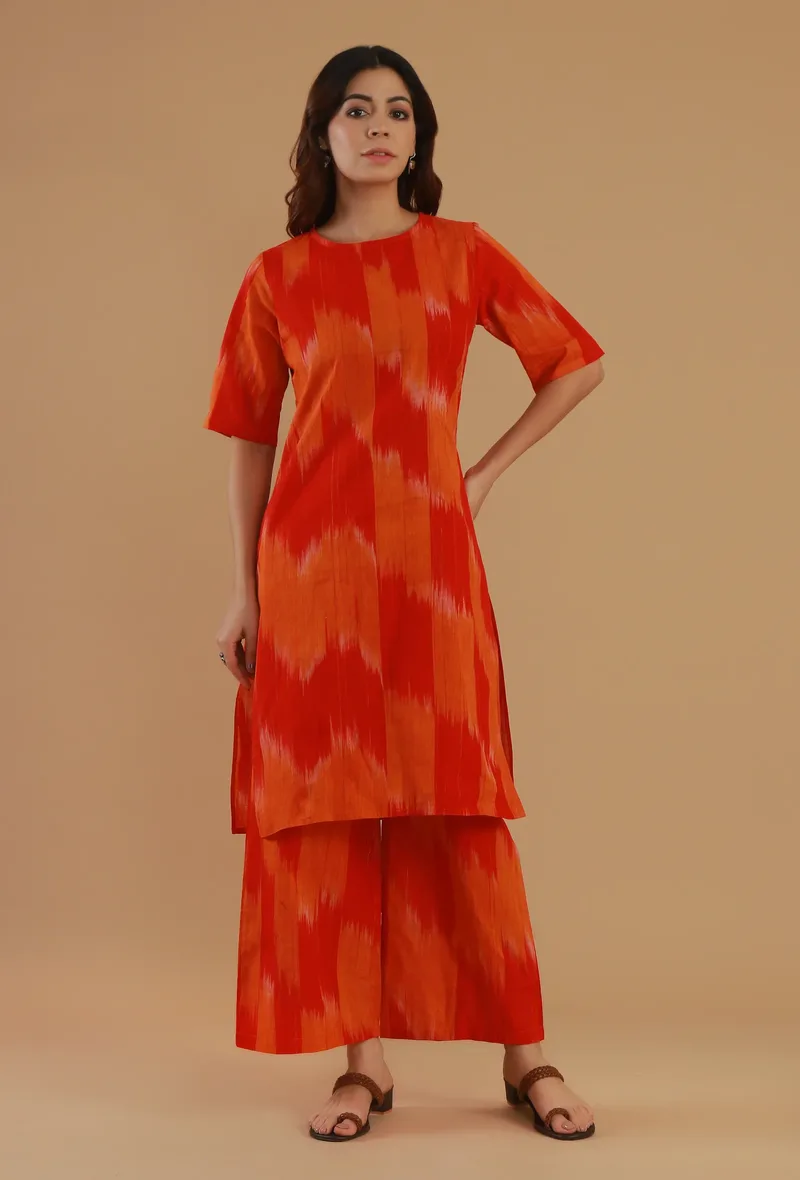 Set of 2: Orange Ikat Cotton Straight Kurta with Wide-Leg Pant