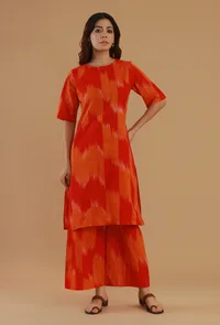 Set of 2: Orange Ikat Cotton Straight Kurta with Wide-Leg Pant image 1