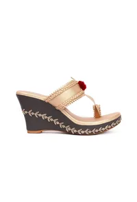 Kanaka Golden and Black Fringed Hand Embroidered One Toe Wedges image 5