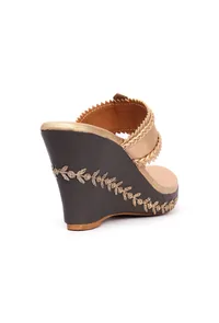 Kanaka Golden and Black Fringed Hand Embroidered One Toe Wedges image 6
