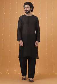 Set Of 2: Black Chanderi Kurta & Pajama image 1