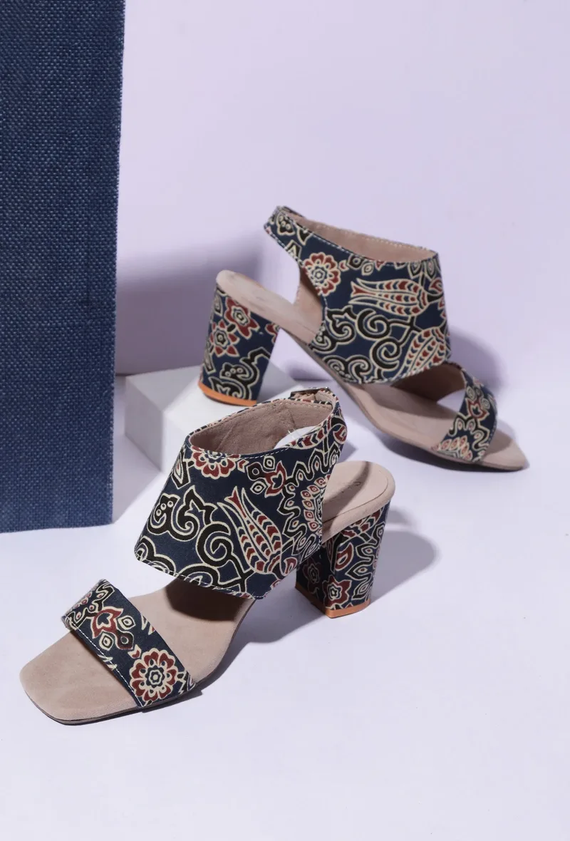 Blue black Floral Cotton Ajrakh Strappy Block Heels