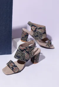 Blue black Floral Cotton Ajrakh Strappy Block Heels image 1
