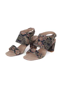 Blue black Floral Cotton Ajrakh Strappy Block Heels image 2
