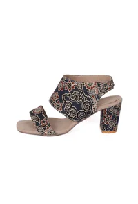 Blue black Floral Cotton Ajrakh Strappy Block Heels image 3