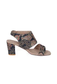 Blue black Floral Cotton Ajrakh Strappy Block Heels image 4