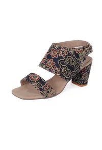 Blue black Floral Cotton Ajrakh Strappy Block Heels image 5
