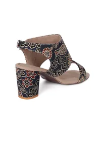Blue black Floral Cotton Ajrakh Strappy Block Heels image 6