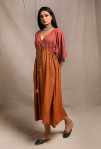 Brick-Orange V Neck Front Tie Kaftan dress image 2
