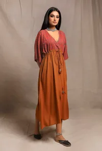 Brick-Orange V Neck Front Tie Kaftan dress image 3