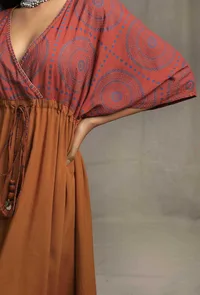 Brick-Orange V Neck Front Tie Kaftan dress image 6