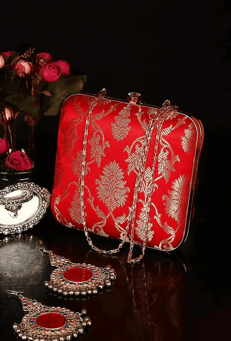 Red Brocade Box Clutch with Sling (6.5 X 2 X 6)