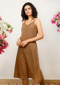 Set of 2: Brown Cotton slip Kurta with Brown straight Cotton Pants image 1