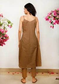 Set of 2: Brown Cotton slip Kurta with Brown straight Cotton Pants image 4