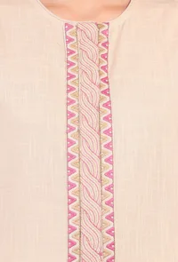 Set of 2: Beige Kantha Embroidered Front Slit Kurta With Solid Beige Narrow Pants image 5