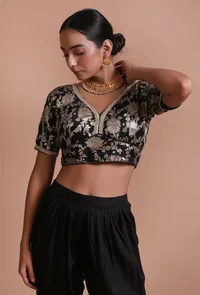Black Color Raw Silk Embroidered Blouse image 4