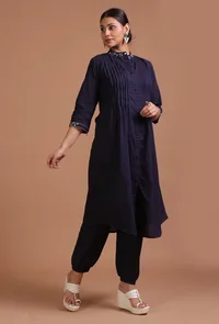 Set Of 2: Navy Blue Cotton Solid Plain Dress & Pant Set image 2