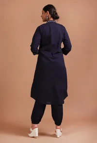 Set Of 2: Navy Blue Cotton Solid Plain Dress & Pant Set image 3
