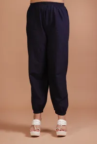 Set Of 2: Navy Blue Cotton Solid Plain Dress & Pant Set image 4
