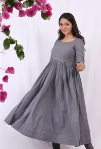Grey embroidered Cotton Solid Gathered and flared Kurta image 1