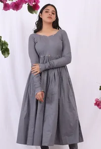 Grey embroidered Cotton Solid Gathered and flared Kurta image 2