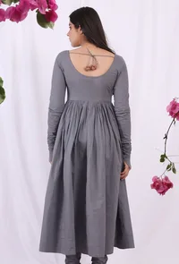 Grey embroidered Cotton Solid Gathered and flared Kurta image 4
