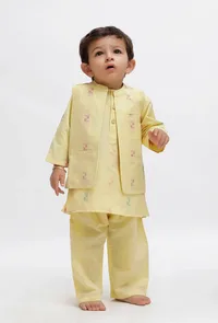 Set Of 3:  Yellow Dobby Kurta and Yellow Pant with Yellow Dobby Nehru Jacket image 1