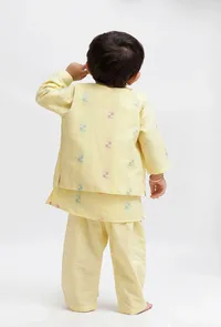 Set Of 3:  Yellow Dobby Kurta and Yellow Pant with Yellow Dobby Nehru Jacket image 3